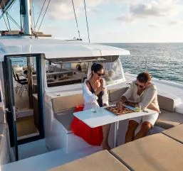 Deck of Kebifor, a Bali 4.2 catamaran at Palairos, Greece