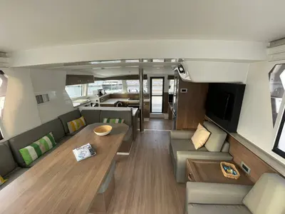 Salon of Kebifor, a Bali 4.2 catamaran at Palairos, Greece