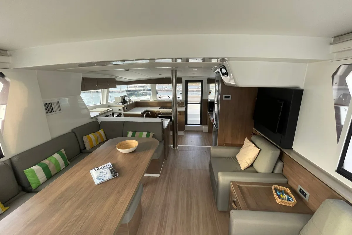 Salon of Kebifor, a Bali 4.2 catamaran at Palairos, Greece
