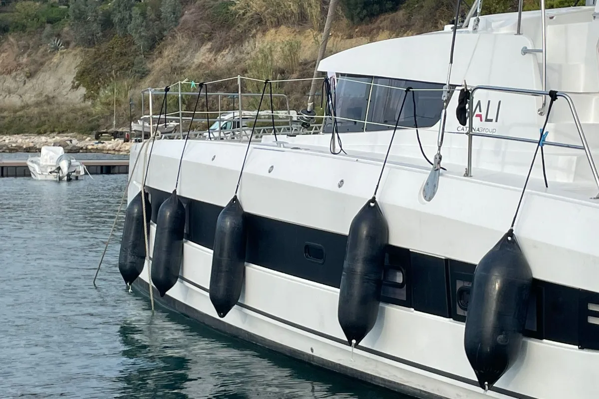 Exterior view of Kebifor, a Bali 4.2 catamaran at Palairos, Greece