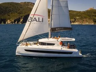 Exterior view of Kebifor, a Bali 4.2 catamaran at Palairos, Greece