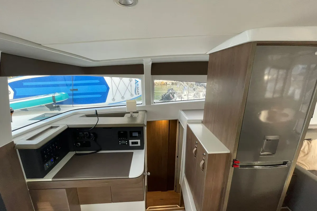 Cockpit of Kebifor, a Bali 4.2 catamaran at Palairos, Greece