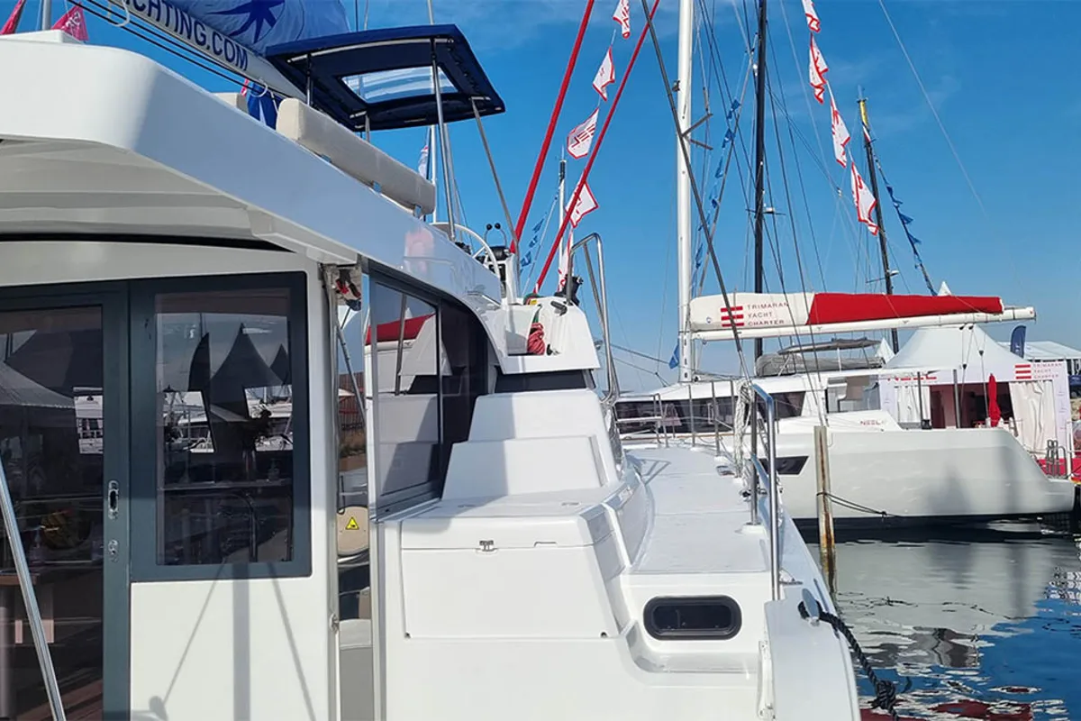 Deck of Sunrise, a Bali Catspace catamaran at Seget Donji, Croatia