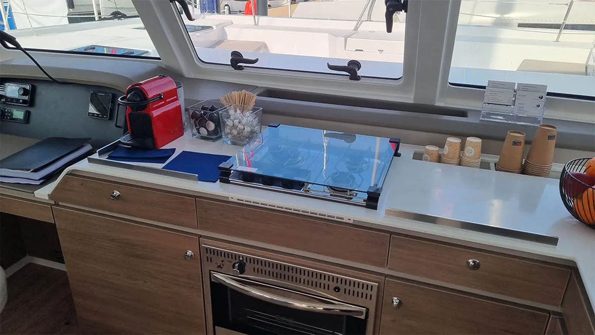 Galley of Sunrise, a Bali Catspace catamaran at Seget Donji, Croatia