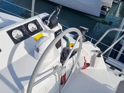 Cockpit of Sunrise, a Bali Catspace catamaran at Seget Donji, Croatia