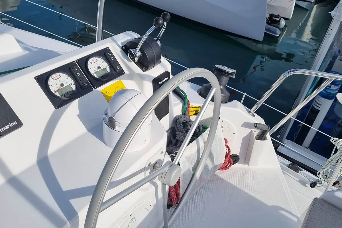 Cockpit of Sunrise, a Bali Catspace catamaran at Seget Donji, Croatia