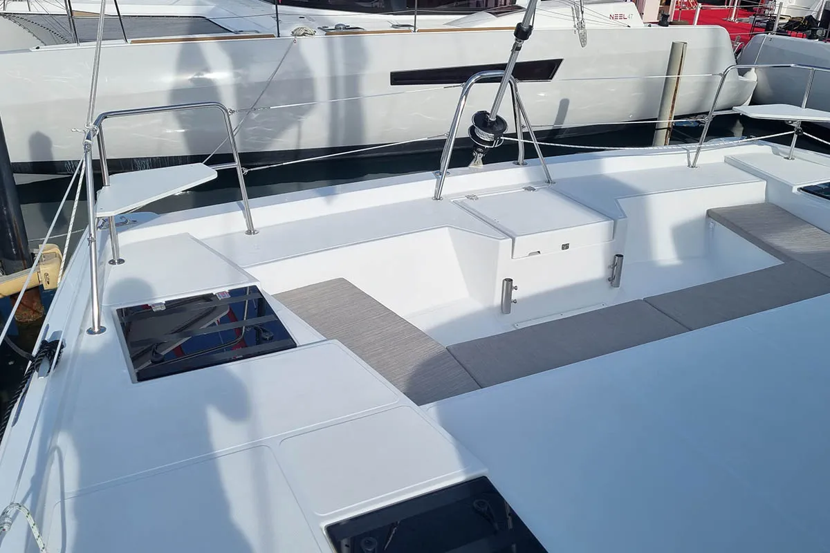 Deck of Sunrise, a Bali Catspace catamaran at Seget Donji, Croatia