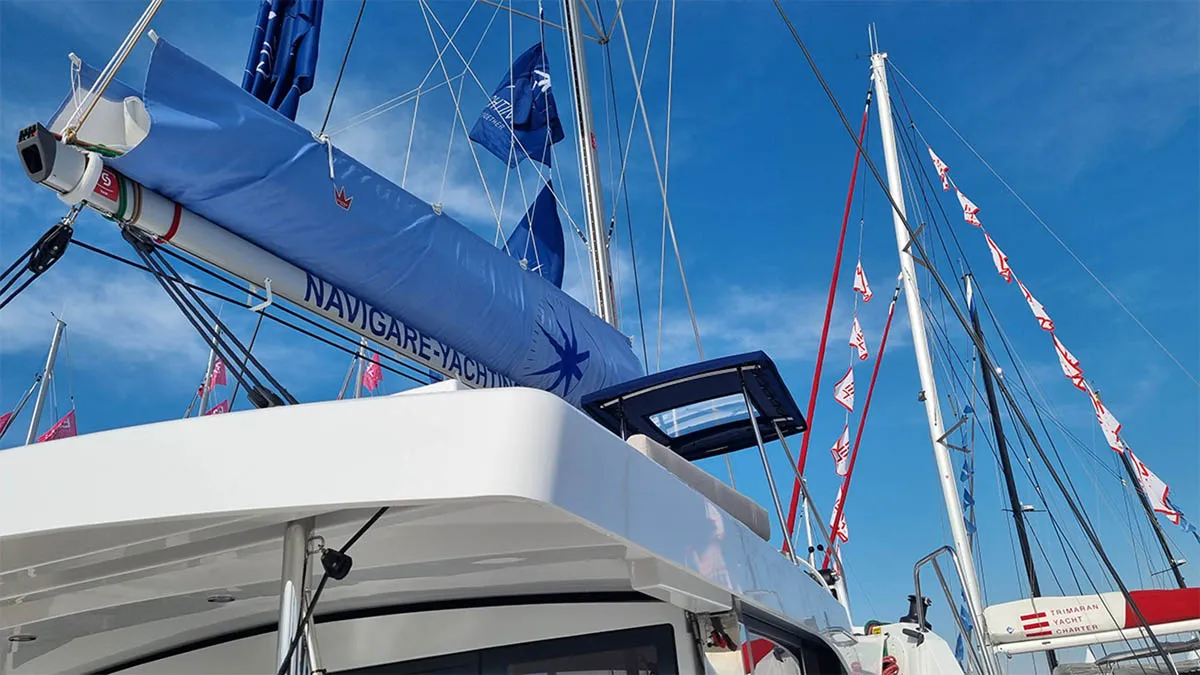 Exterior view of Sunrise, a Bali Catspace catamaran at Seget Donji, Croatia