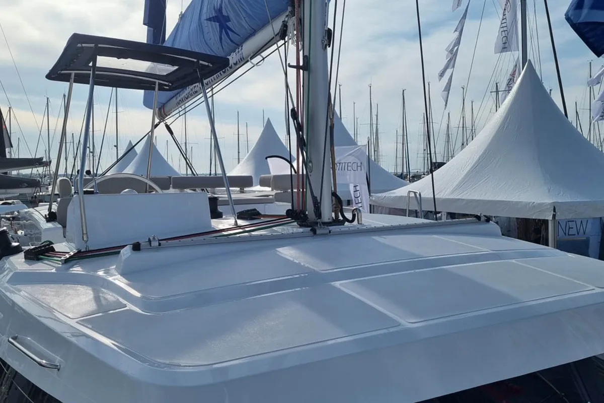 Deck of Sunrise, a Bali Catspace catamaran at Seget Donji, Croatia