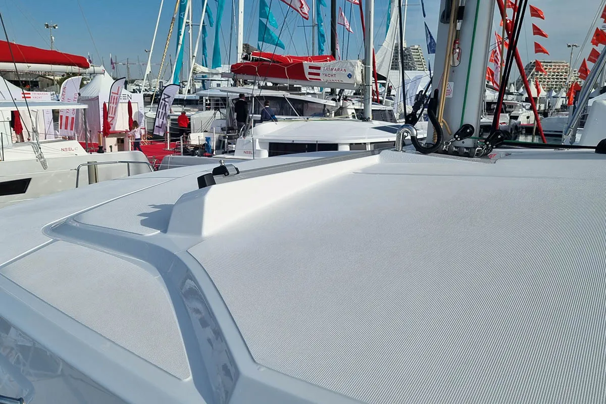 Deck of Sunrise, a Bali Catspace catamaran at Seget Donji, Croatia
