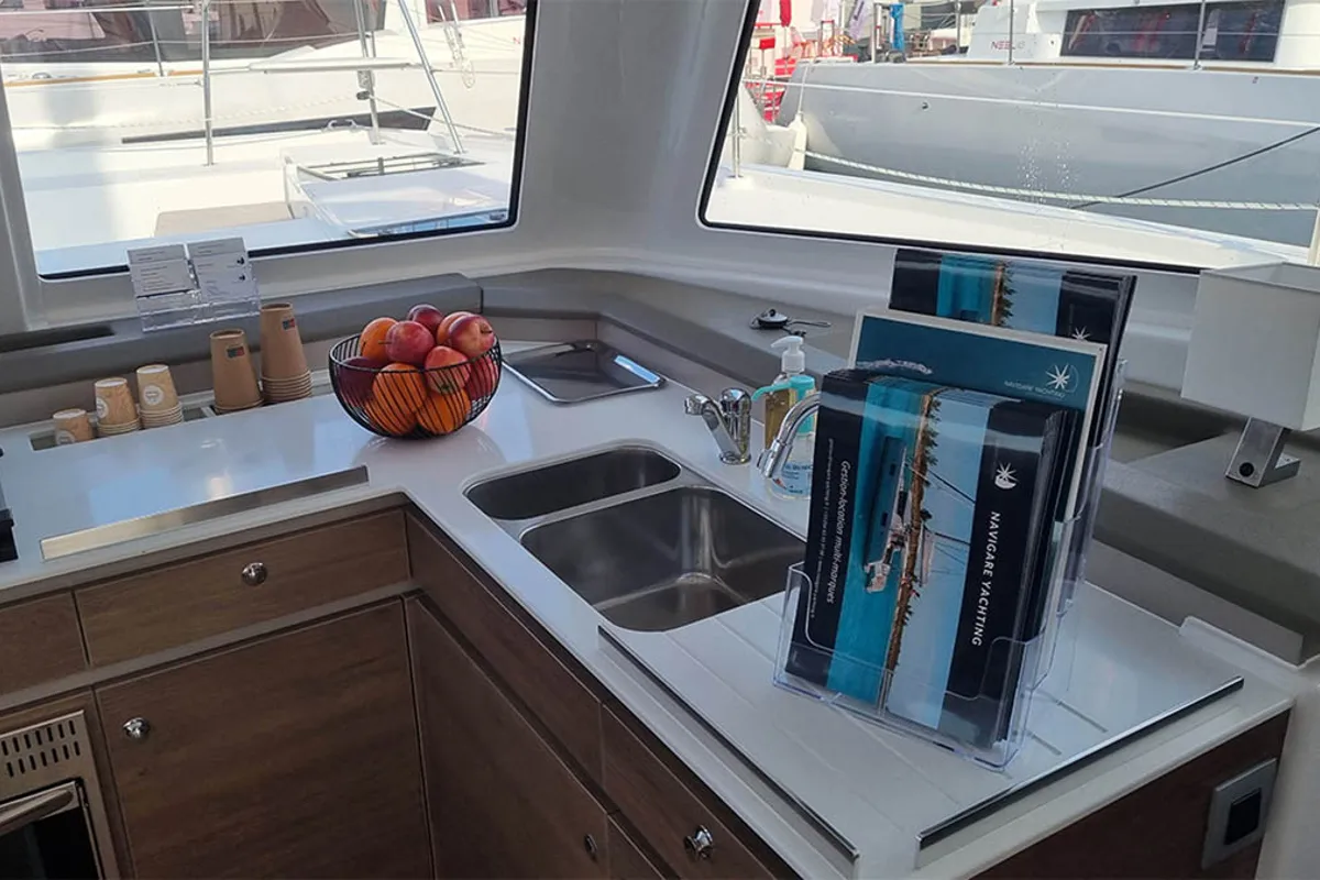 Galley of Sunrise, a Bali Catspace catamaran at Seget Donji, Croatia