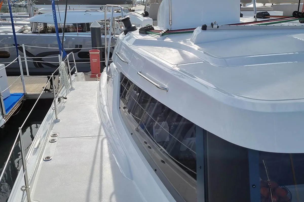Deck of Sunrise, a Bali Catspace catamaran at Seget Donji, Croatia