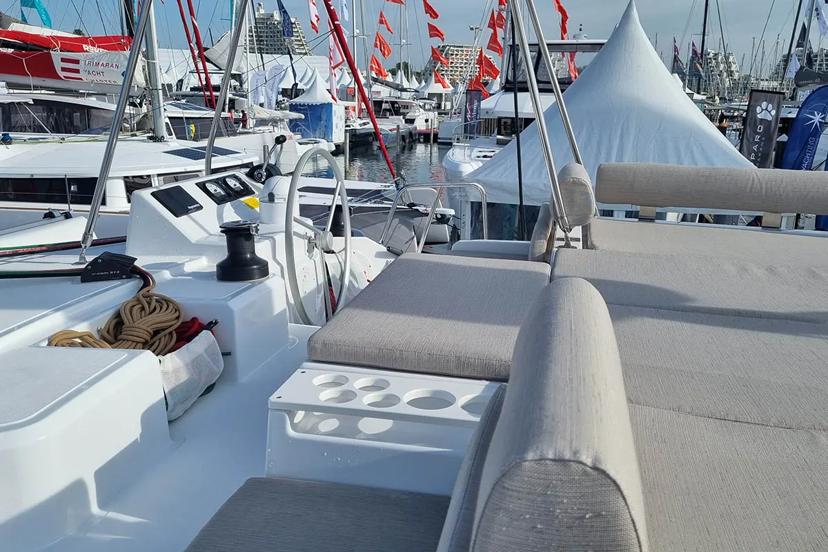Cockpit of Sunrise, a Bali Catspace catamaran at Seget Donji, Croatia