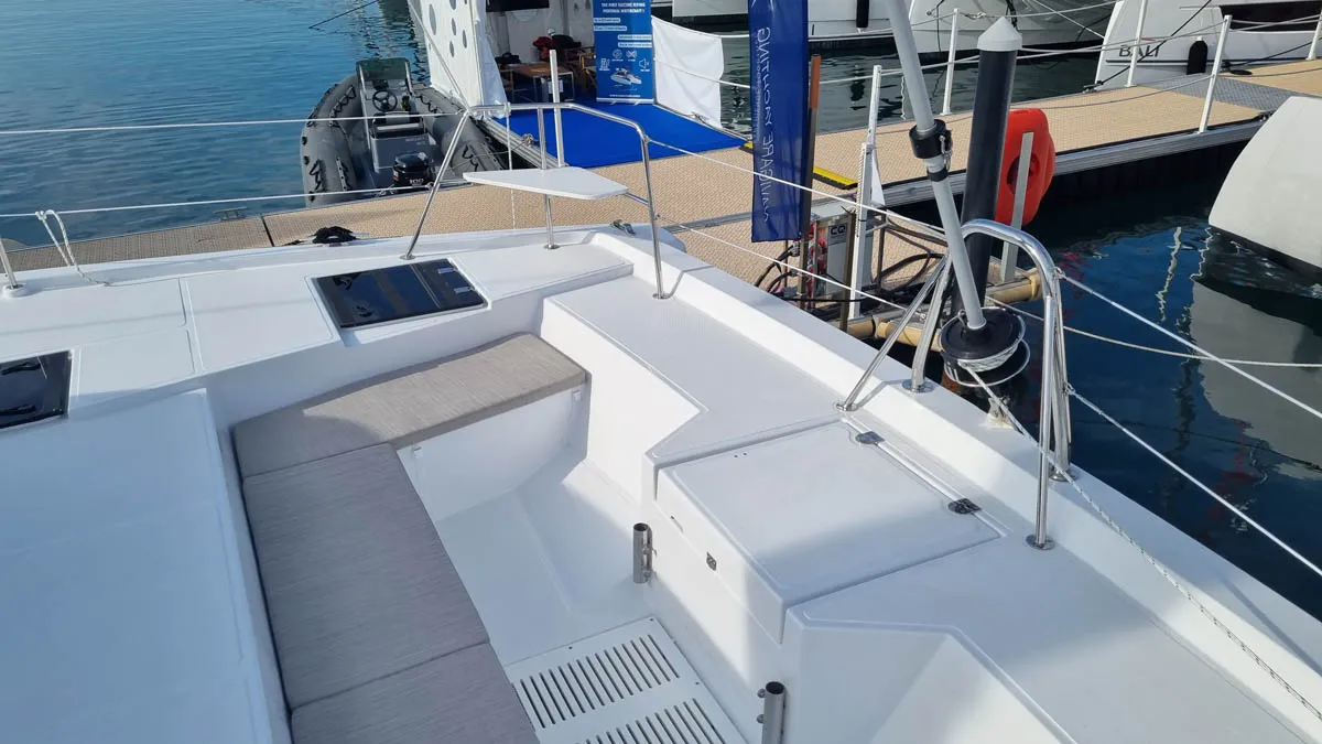 Deck of Sunrise, a Bali Catspace catamaran at Seget Donji, Croatia
