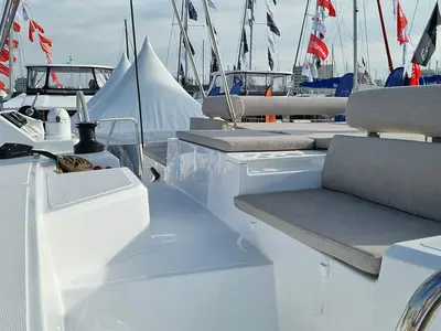 Deck of Sunrise, a Bali Catspace catamaran at Seget Donji, Croatia