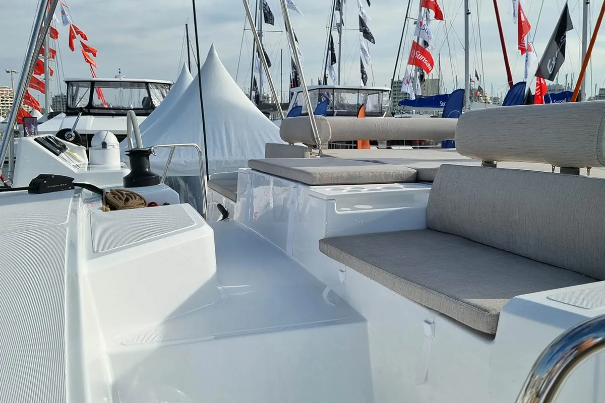 Deck of Sunrise, a Bali Catspace catamaran at Seget Donji, Croatia