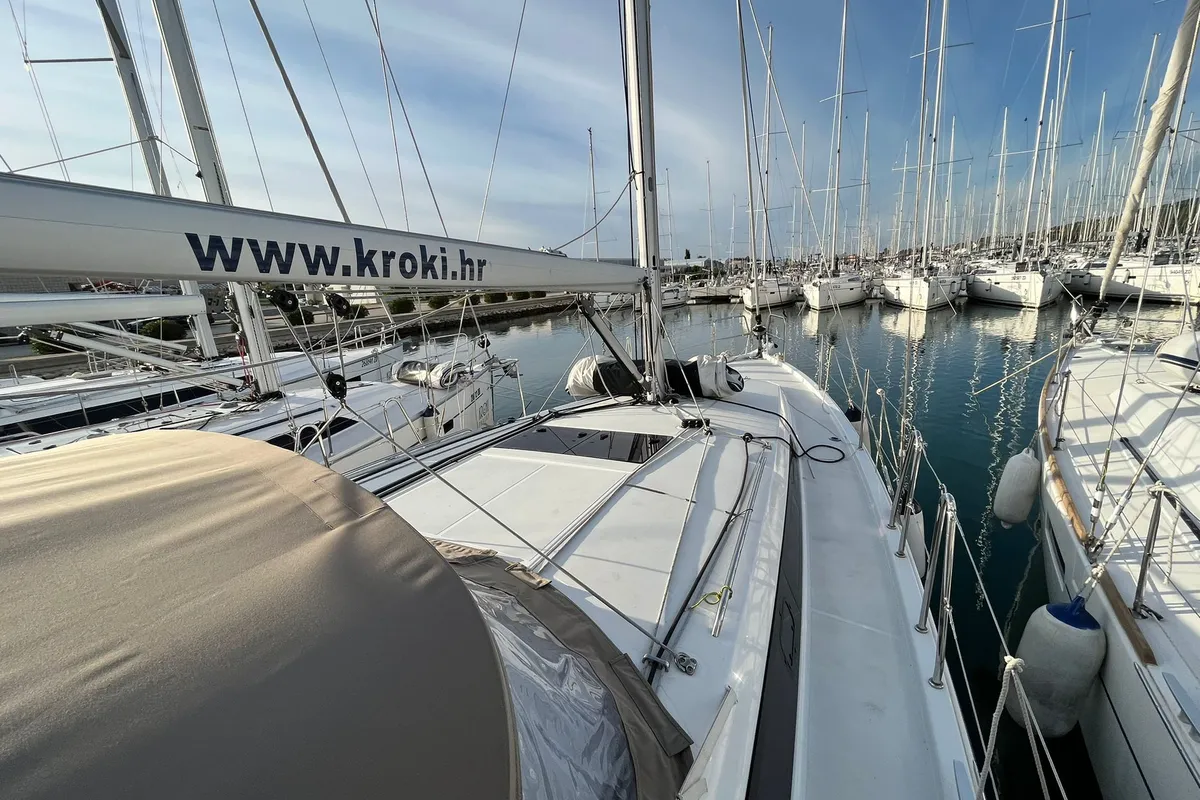 Deck of Polaris, a Jeanneau Sun Odyssey 410 sailboat at Općina Sukošan, Croatia