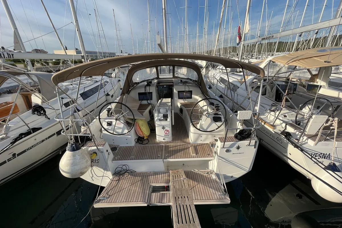 Cockpit of Polaris, a Jeanneau Sun Odyssey 410 sailboat at Općina Sukošan, Croatia