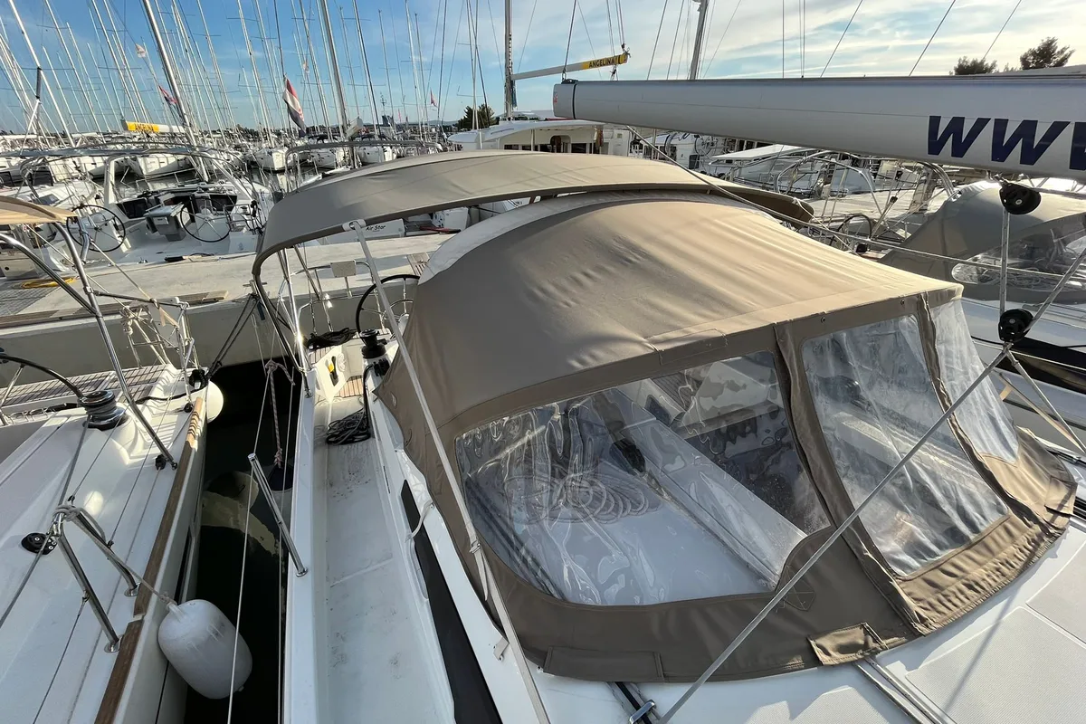 Deck of Polaris, a Jeanneau Sun Odyssey 410 sailboat at Općina Sukošan, Croatia
