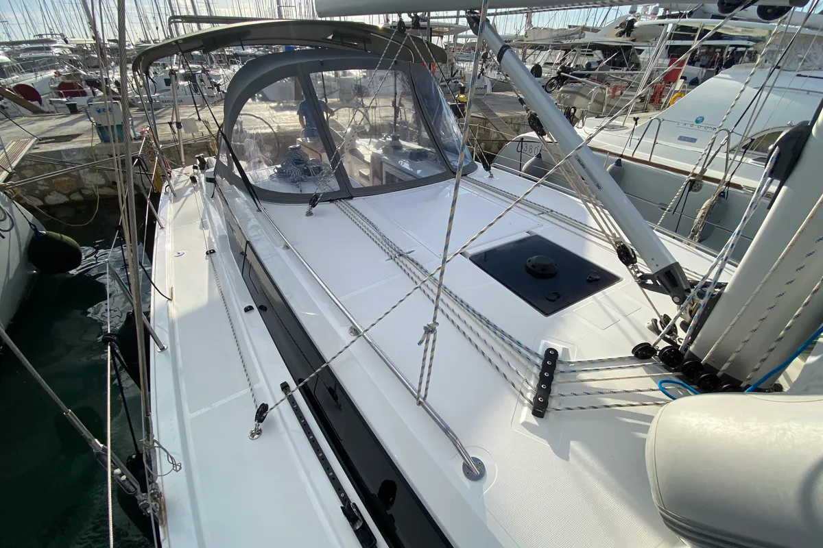 Deck of Aeolus, a Bavaria C42 sailboat at Athens, Greece