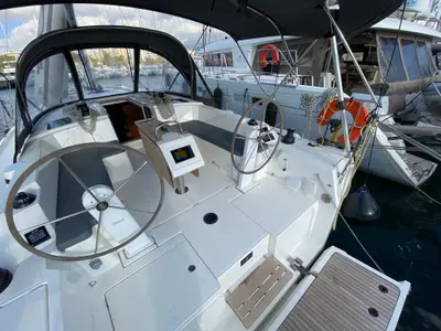 Cockpit of Aeolus, a Bavaria C42 sailboat at Athens, Greece