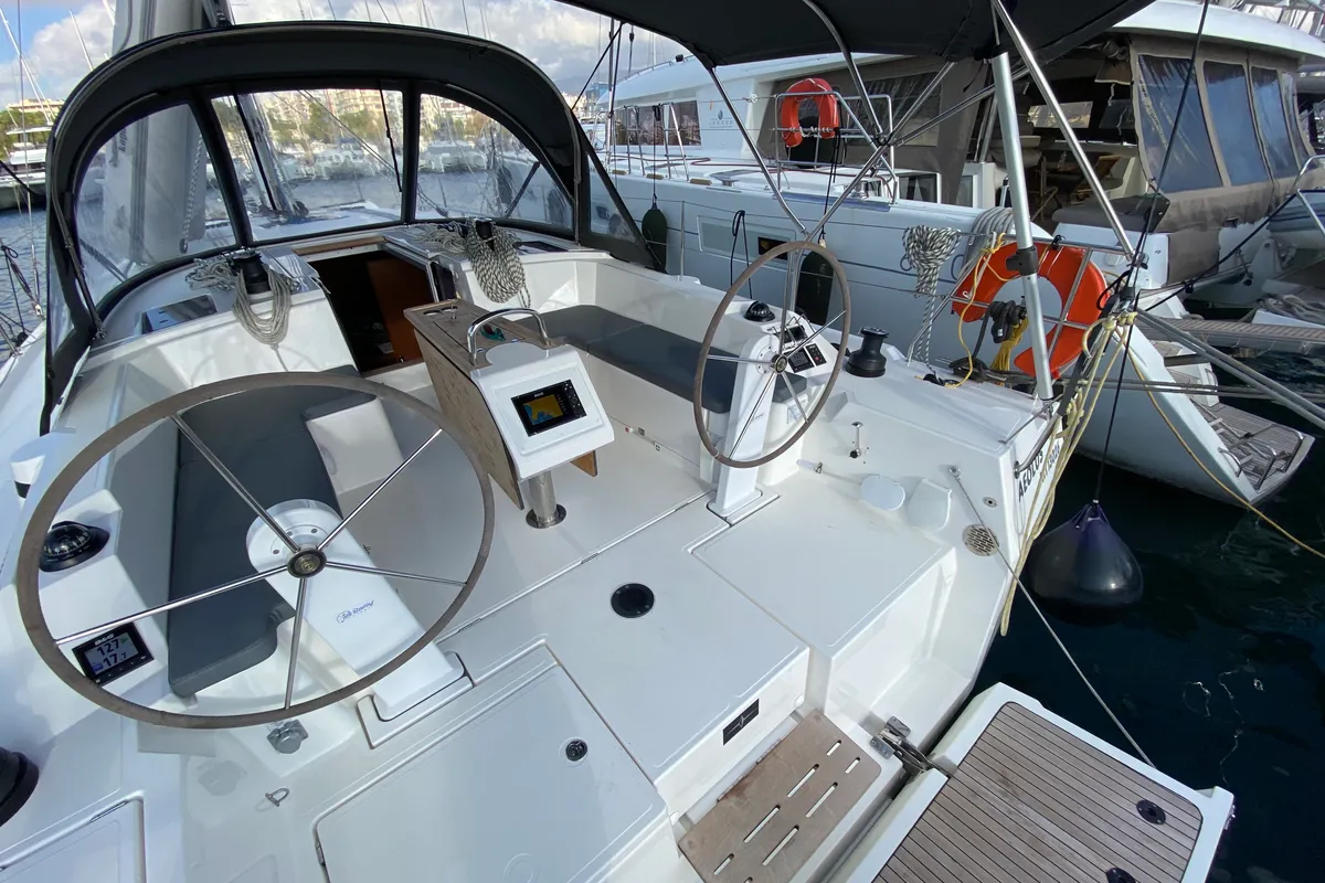 Cockpit of Aeolus, a Bavaria C42 sailboat at Athens, Greece