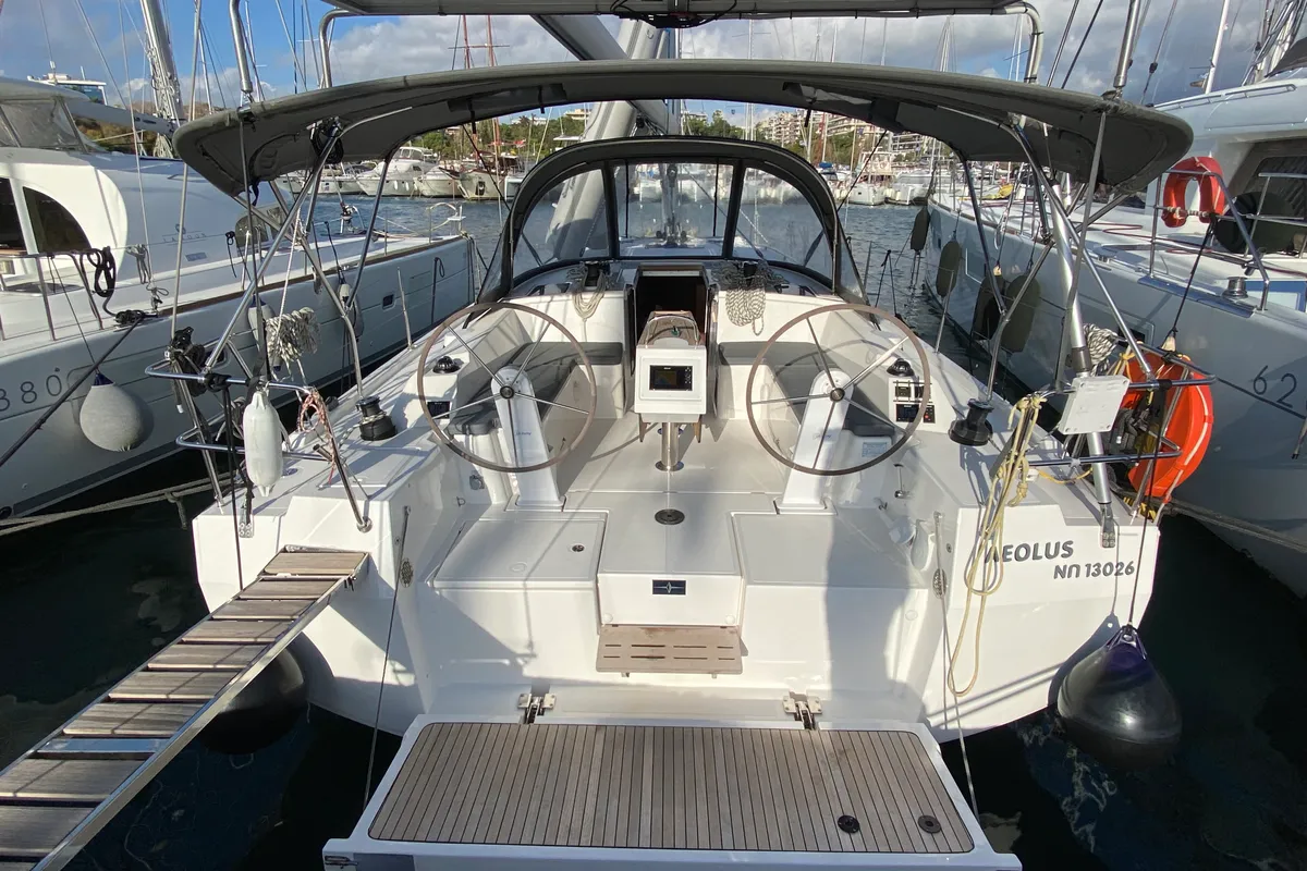 Exterior view of Aeolus, a Bavaria C42 sailboat at Athens, Greece