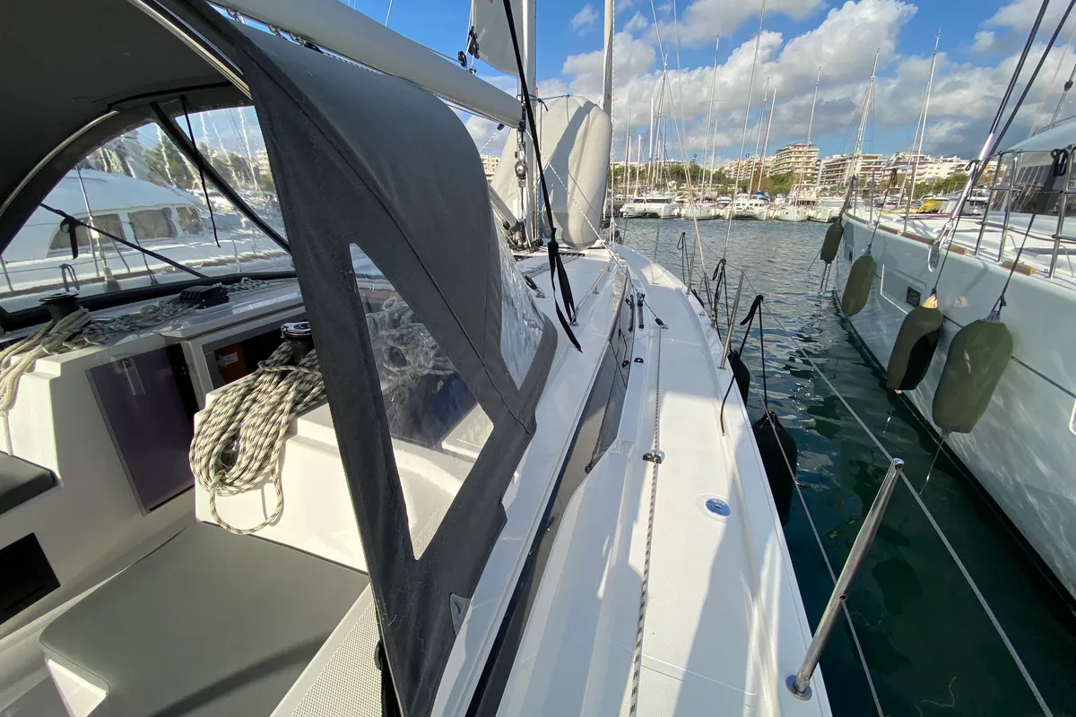 Deck of Aeolus, a Bavaria C42 sailboat at Athens, Greece