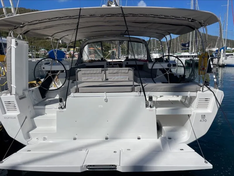 Exterior view of Shandy Breeze, a Dufour 470 sailboat at Road Town, British Virgin Islands