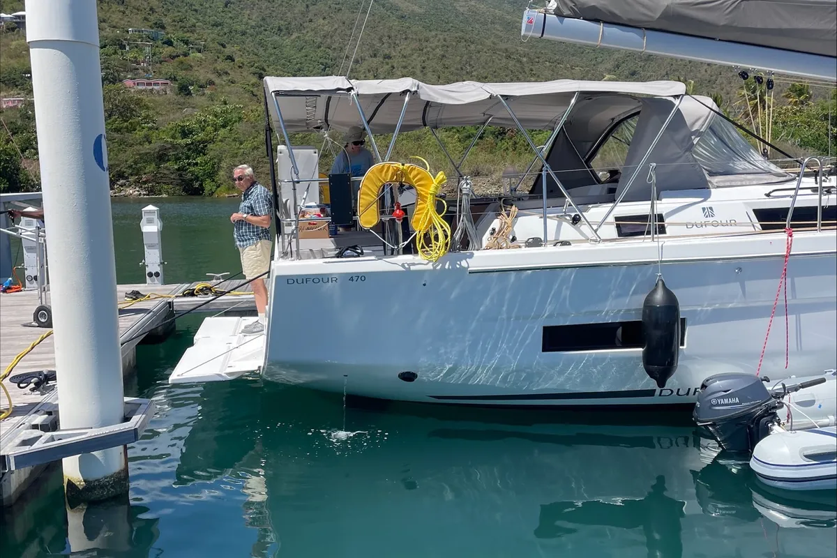 Exterior view of Shandy Breeze, a Dufour 470 sailboat at Road Town, British Virgin Islands