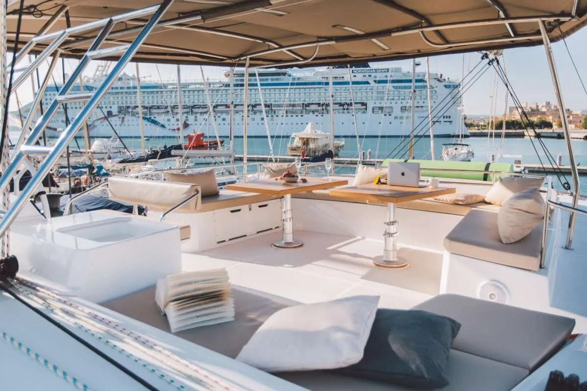 Deck of Maia, a Bali 5.4 catamaran at Salerno, Italy