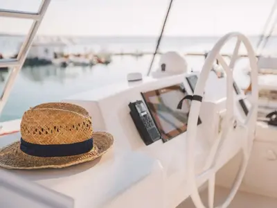Cockpit of Maia, a Bali 5.4 catamaran at Salerno, Italy