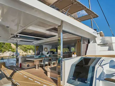 Deck of Maia, a Bali 5.4 catamaran at Salerno, Italy