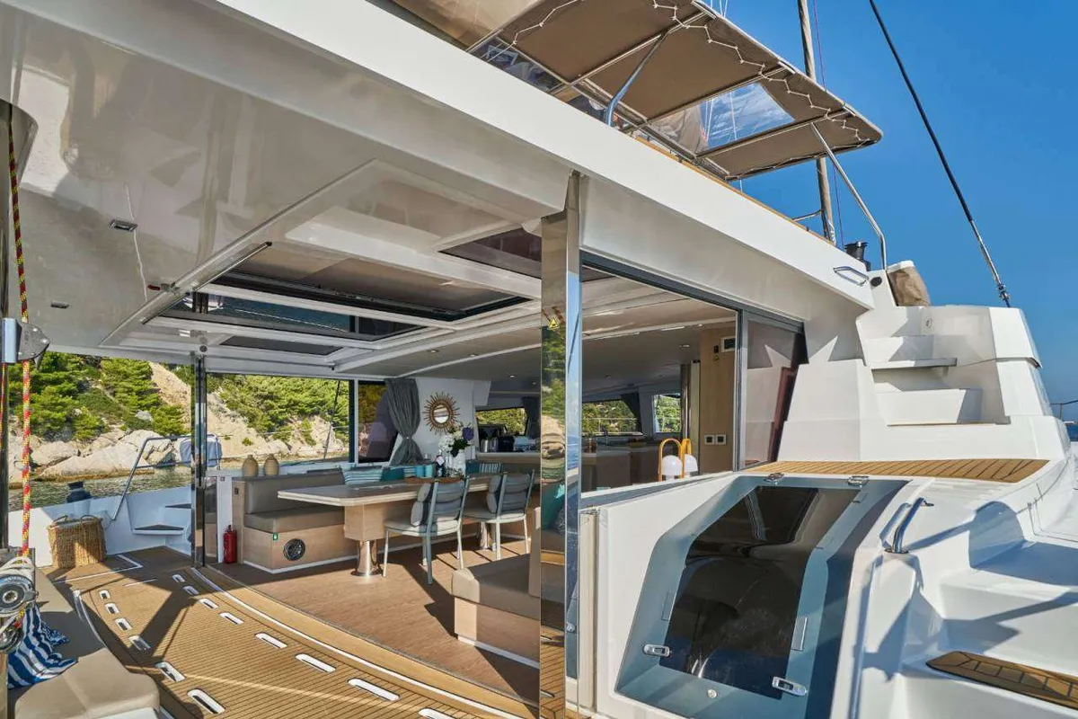 Deck of Maia, a Bali 5.4 catamaran at Salerno, Italy