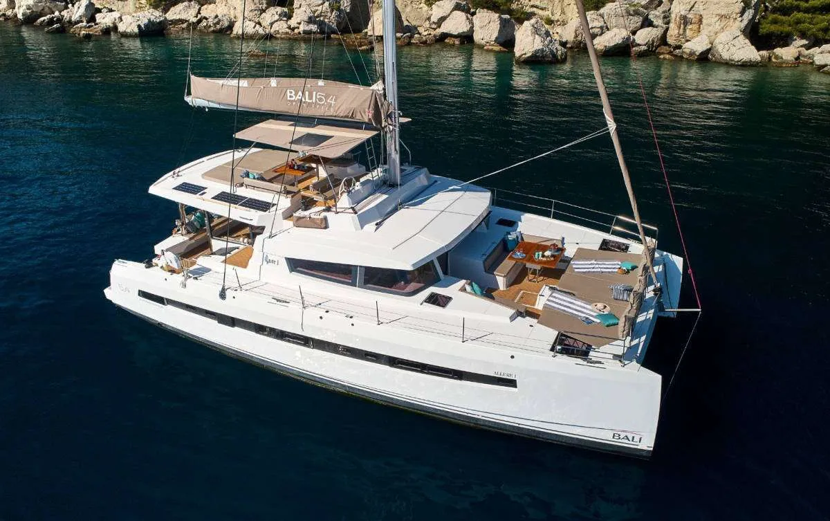 Exterior view of Maia, a Bali 5.4 catamaran at Salerno, Italy