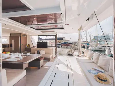 Salon of Maia, a Bali 5.4 catamaran at Salerno, Italy