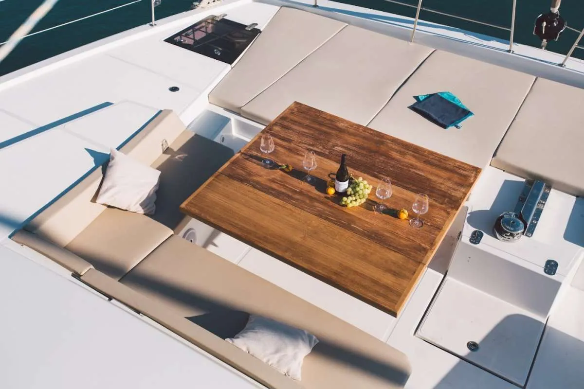 Deck of Maia, a Bali 5.4 catamaran at Salerno, Italy