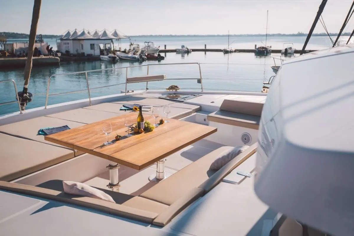 Deck of Maia, a Bali 5.4 catamaran at Salerno, Italy