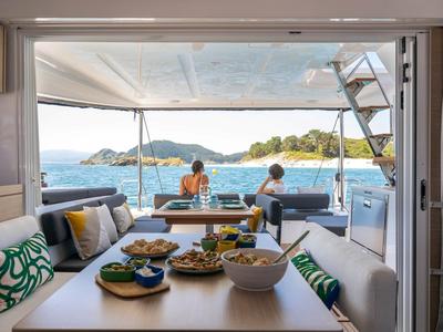 Salon of Blue Dream, a Lagoon 43 catamaran at Olbia, Italy