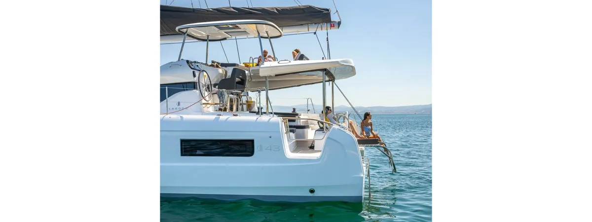 Deck of Blue Dream, a Lagoon 43 catamaran at Olbia, Italy
