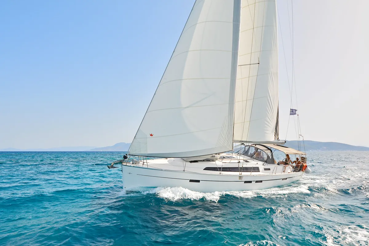 Exterior view of Nereus, a Bavaria Cruiser 46 sailboat at Preveza, Greece