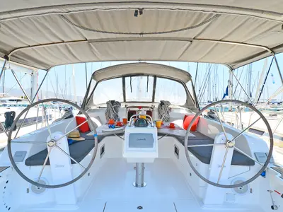Cockpit of Nereus, a Bavaria Cruiser 46 sailboat at Preveza, Greece