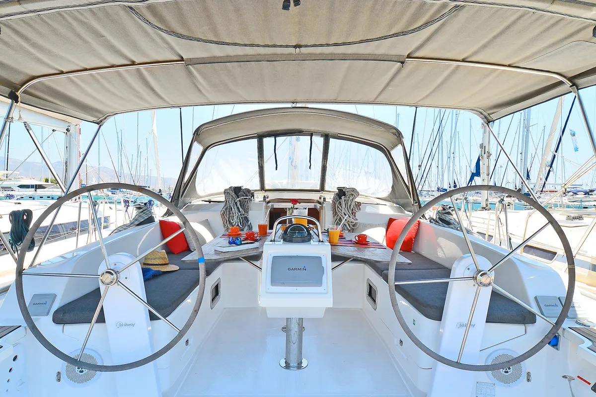 Cockpit of Nereus, a Bavaria Cruiser 46 sailboat at Preveza, Greece