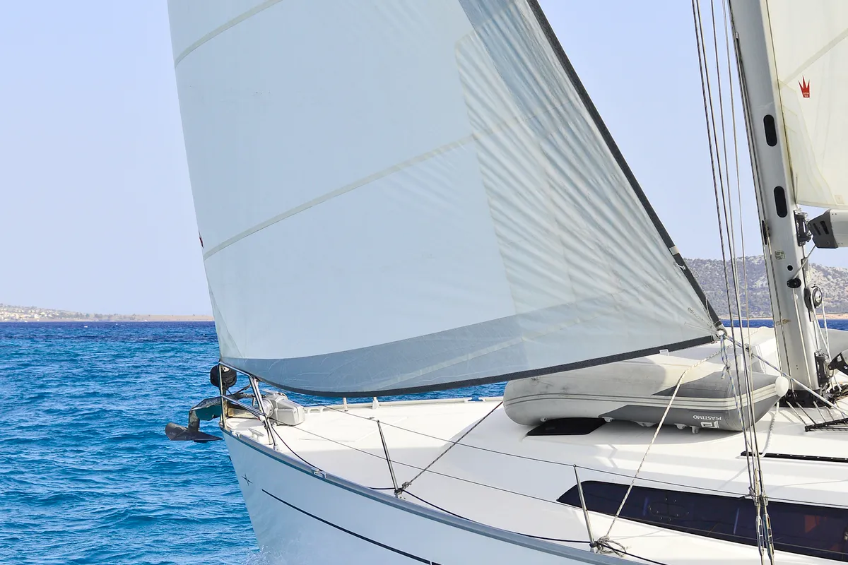 Exterior view of Nereus, a Bavaria Cruiser 46 sailboat at Preveza, Greece
