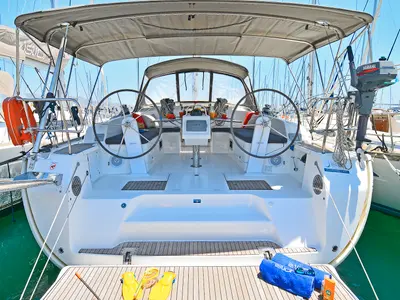 Deck of Nereus, a Bavaria Cruiser 46 sailboat at Preveza, Greece