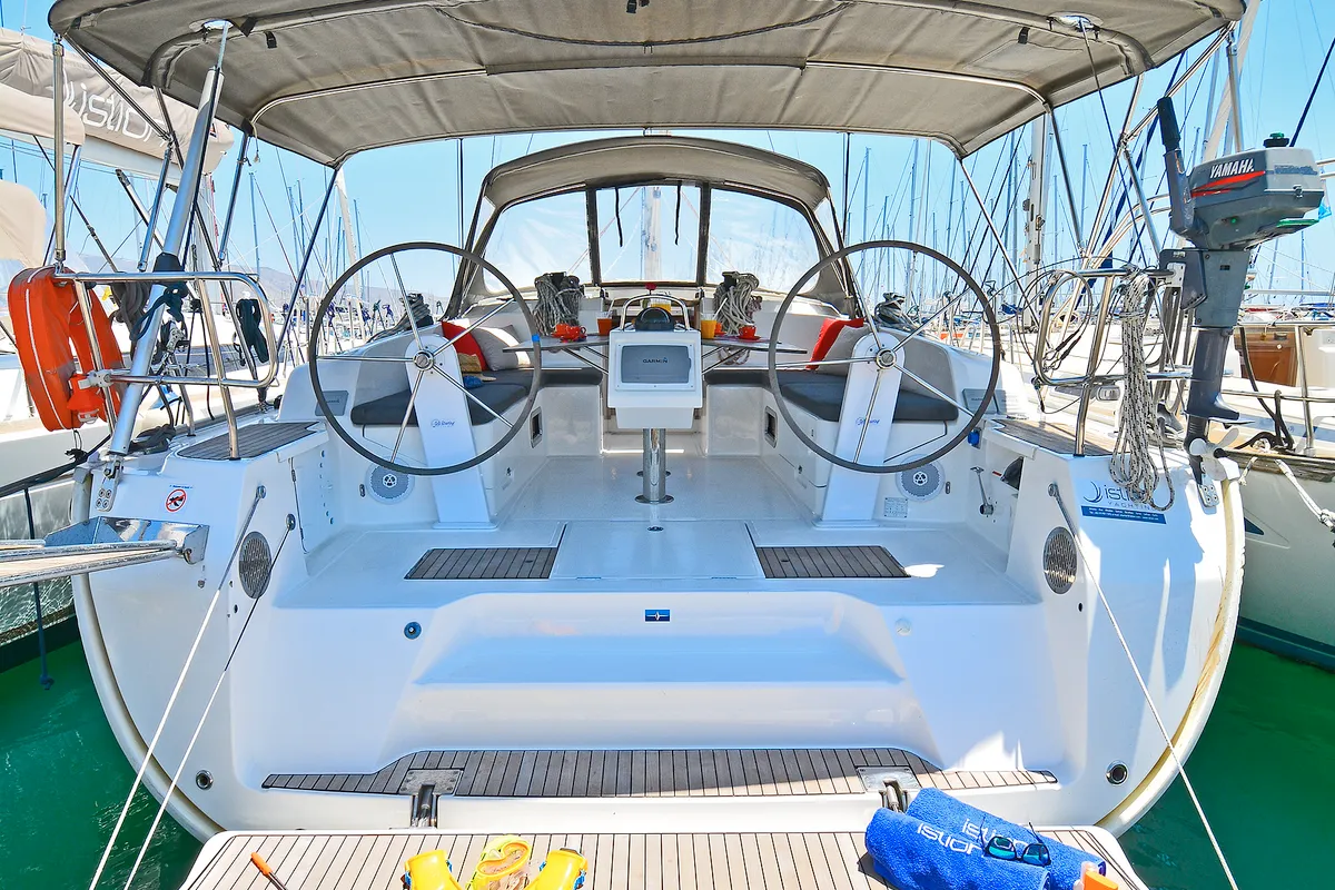 Deck of Nereus, a Bavaria Cruiser 46 sailboat at Preveza, Greece