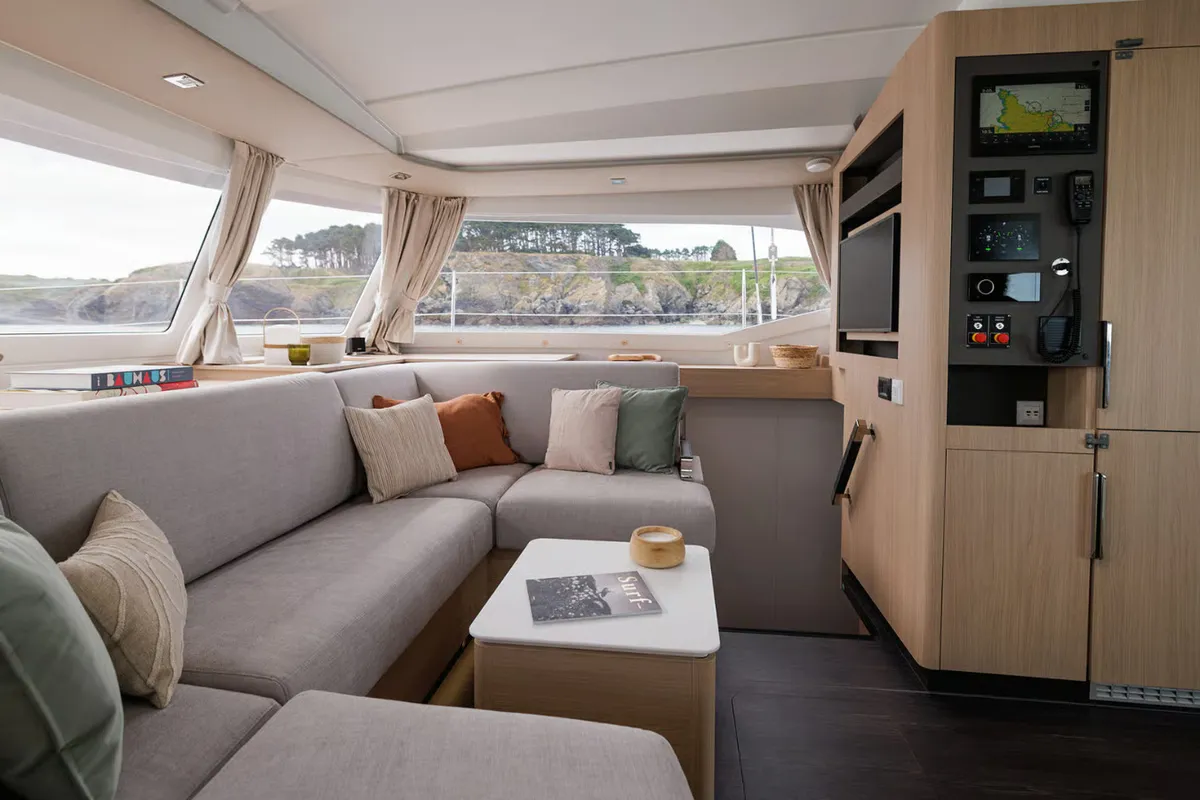 Salon of Jaya, a Fountaine Pajot FP 48 Quintet 5 catamaran at Castellammare di Stabia, Italy