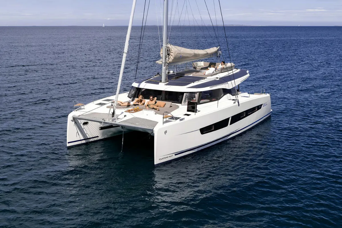 Exterior view of Jaya, a Fountaine Pajot FP 48 Quintet 5 catamaran at Castellammare di Stabia, Italy