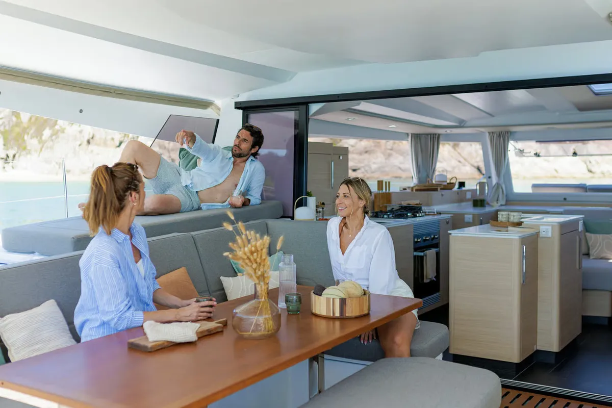 Salon of Jaya, a Fountaine Pajot FP 48 Quintet 5 catamaran at Castellammare di Stabia, Italy