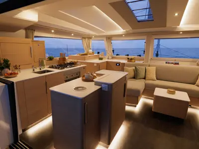Galley of Jaya, a Fountaine Pajot FP 48 Quintet 5 catamaran at Castellammare di Stabia, Italy